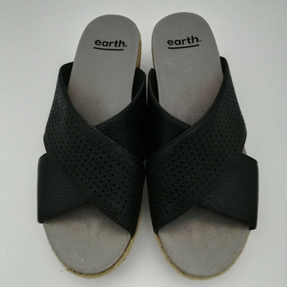~EARTH~ Modena Marigold Black Leather Espadrille Slide Platform Sandals 8.5 - Picture 3 of 8